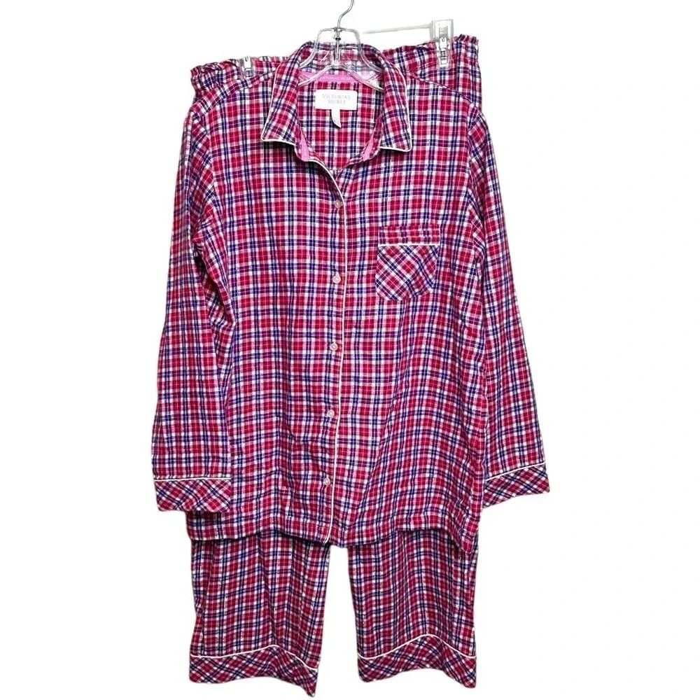 Victoria's Secret two piece button‎ long sleeve shirt & pants plaid women's Med